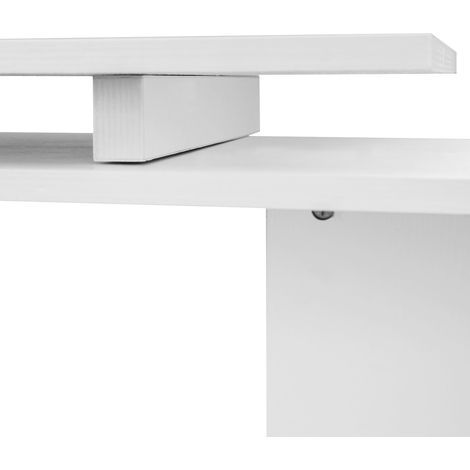 Table d'angle pivotante avec étagères, bureau blanc en aggloméré, 140x120x78 cm, style contemporain, espace repas multifonction. (1/4)