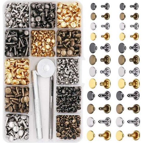 Rivets double face en boîte, 40 jeux par couleur et taille, 3 teintes et 3 dimensions, total 480 pièces. Formats 6x6, 8x8, 8x12 mm, assortiment 4 couleurs (version Mexique) (sans échantillon, fabricat (1/5)