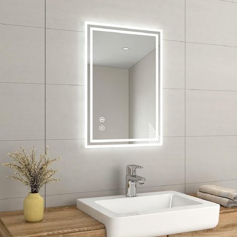 EMKE Backlit Illuminated Bluetooth Bathroom Mirror with Shaver Socket, Wall Mounted Multifunction Vanity Mirror with LED Lights and Demister, Fuse, 500x700mm (1/5)