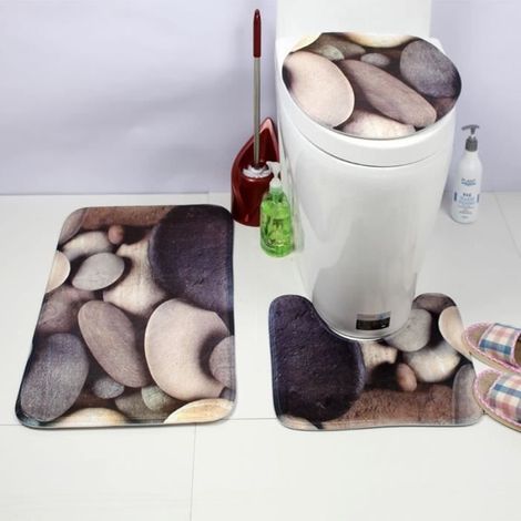 (Gris)Lot de 3 Tapis Salle de Bain Imprimé Galet Gris - DAN SPEED - Rectangulaire - Antidérapant - Facile à nettoyer