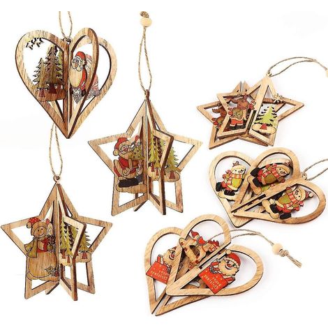 12 décorations de sapin de Noël 3D, ornements en bois, pendentifs faits main. (1/5)