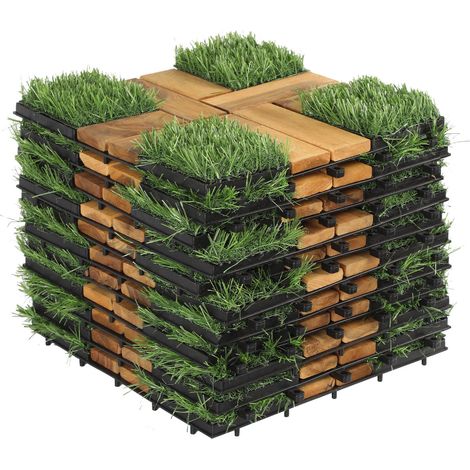 Jiubiaz Set di 11 piastrelle in legno per terrazze con erba sintetica 1 m², 30 x 30 cm, piastrelle a incastro