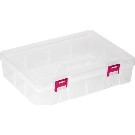 Boîte de rangement transparente D306 en plastique, organisateur de bijoux et conteneur d'outils de bricolage, fermoir rose, boîte de stockage polyvalente (1/5)