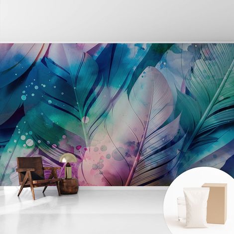 Papier peint intissé mural avec imprimé motifs décoratifs - style contemporain - Colle incluse gratuite Plumes colorées 416x254 cm (1/5)