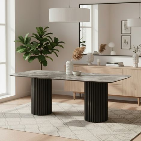 Tavolo rettangolare fisso piano nero arabesque e basi in legno cannettati Oslo 200x100x76H (1/4)