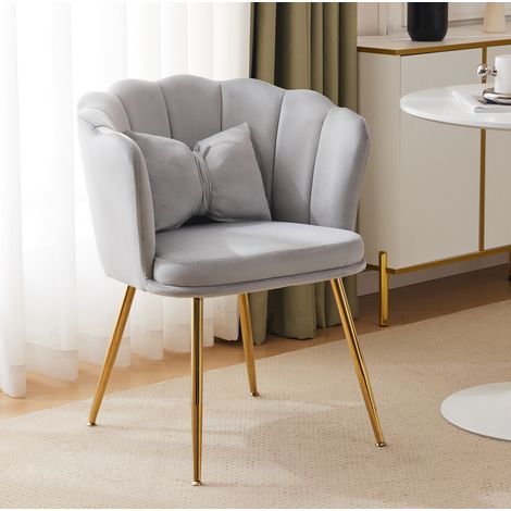 Sillón de terciopelo gris con respaldo pétalo, cojín mariposa y patas metálicas doradas, cómodo y decorativo para salón, dormitorio o comedor  CHICFURN (1/5)