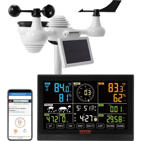 Station Météo Wi-Fi 7-en-1 avec Écran Couleur 19,1 cm,Capteur Solaire,Alertes Température,Humidité,Vitesse du Vent,Pluie (1/5)