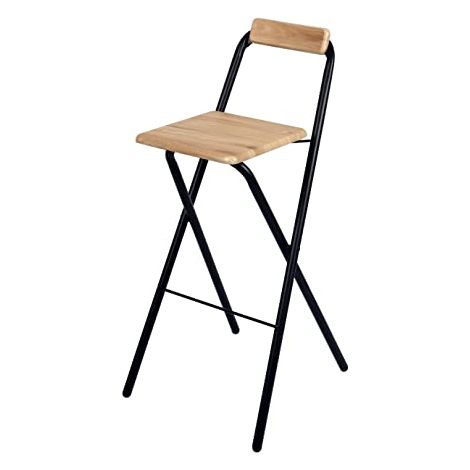 Tabouret de bar pliant avec dossier – Assise en MDF effet chêne – Hauteur d'assise 70 cm – Pieds en métal – Dimensions L 48 x P 43 x H 98 cm – Urban Living (1/5)