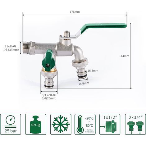 Robinet de jardin, robinet à double sortie 3/4", résistant à la rouille et au gel, avec 2x sorties 3/4", 1x ruban d'étanchéité à rouleaux, double raccordement et embout de tuyau pou r(vert) (1/4)
