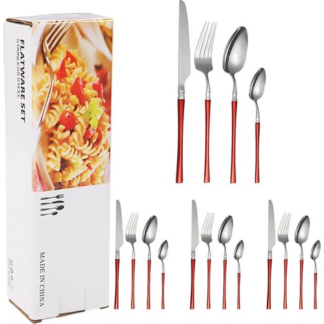 (Argent-rouge) Couverts en acier inoxydable, comprenant un couteau et une fourchette à steak, une cuillère à dessert. (1/5)