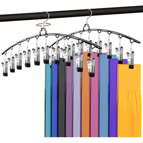 Lot de 2 Cintres à Pinces pour Pantalons, Équipés de 10 Pinces Antidérapantes et Crochets Pivotants à 360°, Cintre Gain de Place pour Leggings, Shorts, Jupes et Chapeaux (1/5)