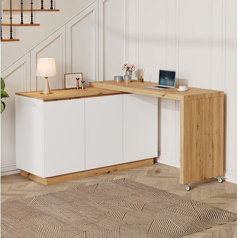 MODFU – Escritorio giratorio 2-en-1 124x45x82 cm de MDF/aglomerado con cajonera móvil, ruedas con freno, tablero de 4 cm y antideslizante – Blanco/roble (1/5)