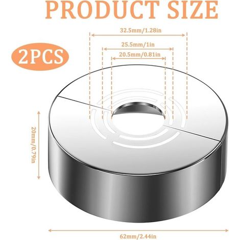 Lot de 2 Rosace Mitigeur Douche 3 Tailles en 1, Rosace Robinet Divisée pour Ø 21 mm/26 mm/33 mm, Cache Tuyau pour Radiateur, Robinet de Douche, Installation Facile, Chrome (60 x 20 mm) (1/4)