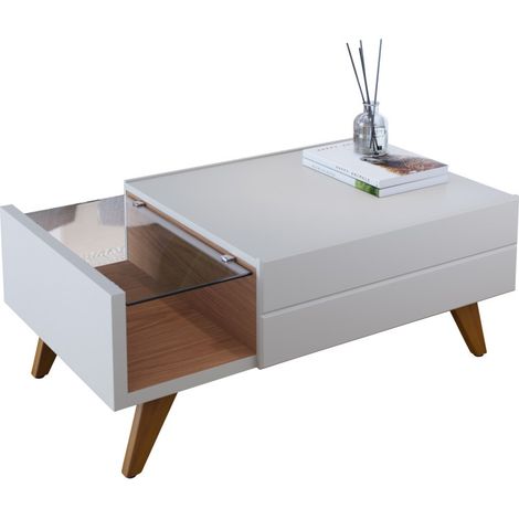 Table Basse 1 Tiroir 1 Niche 4 Pieds Bois Blanche et Chêne L 90 H 35.6 P 54 cm (1/5)