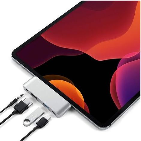 Applicable Adaptateur Pro Hub USB C Mobile avec HDMI 4K, Chargement USB-C PD, Prise Casque 3,5mm & Port 3.0, pour iPad Air & Pro M1 M2, iPad Mini, Surface Go et Autres Appareils Type-C, Argent (1/5)