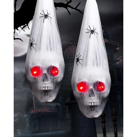 Décoration Halloween Crâne Suspendu Lot de 2 avec Yeux LED Rouges Clignotants et Araignées, Déco Tête de Mort Effrayante Réaliste pour Intérieur Extérieur Maison Arbre Fête (1/5)