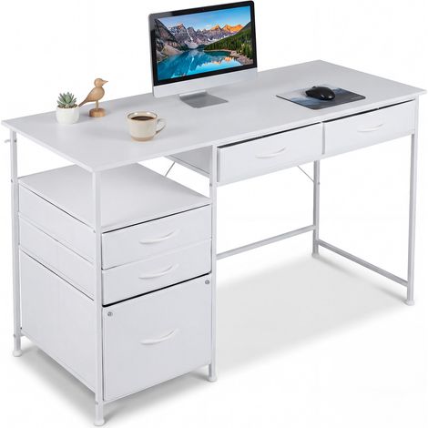 Bureau d’Ordinateur de 120 cm, Bureau avec Rangement, Étagère, Tiroirs en Tissu, Cadre Métallique, Kits Anti-Basculement, pour Petit Espace, Blanc (1/5)