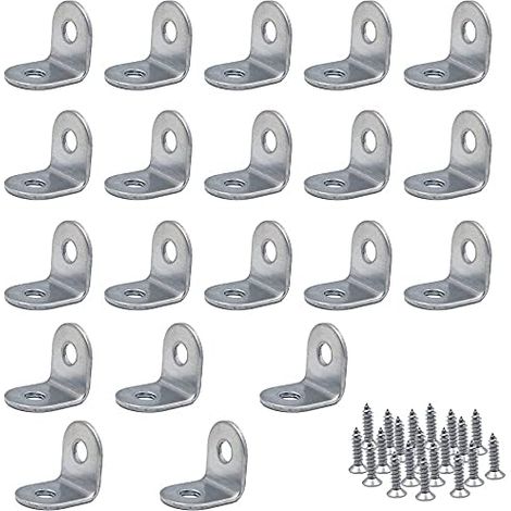 Lot de 20 équerres d'angle en acier inoxydable - 20 x 20 mm - Angle droit en métal - 90 degrés - Joint en acier avec 40 vis - Argent (1/5)