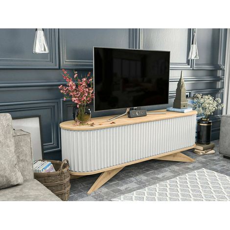 Dmora - Fernsehschrank Aludra, Ständer für Wohnzimmerfernseher, Niedriges Wohnzimmer-Sideboard, TV-Ständerbasis, 180x43h60 cm, Eiche und Weiß, mit verstärkter Verpackung (1/5)