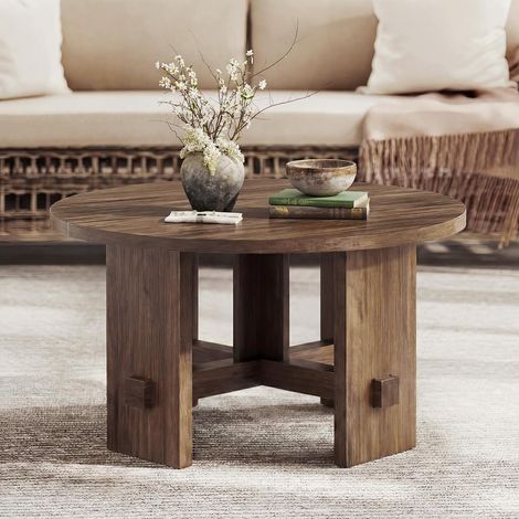 Tribesigns Round Coffee Table, 31.5-Inch Small Circle Center Table with Pedestal, Modern Farmhouse Wooden Accent Sofa Side Table for Living room, Bedroom, Office, Easy Assembly, Brown