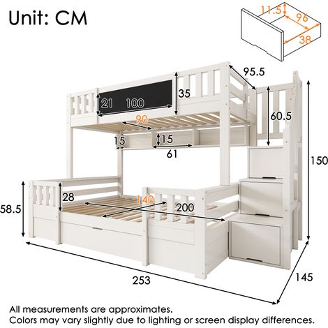 Lit mezzanine triple en bois massif blanc 90x200 + 140x200 pour 3 enfants, avec tableau noir, échelle-armoire, escalier à tiroirs de rangement, solide et spacieux