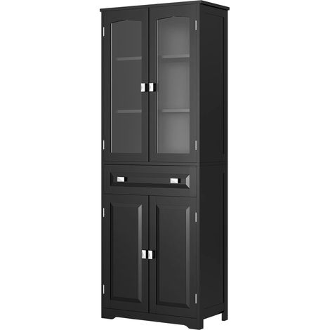 Schwarzes 4-türiges Küchen-Sideboard, 160 cm, 2 Glastüren, 1 Schublade, Holzregale