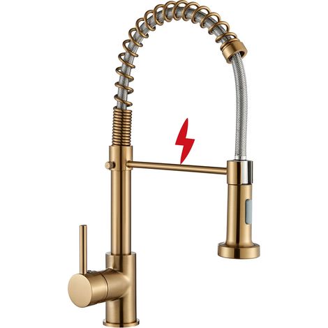 Robinet de cuisine basse pression en or brossé - Robinet d'évier de cuisine - Pivotant à 360° - Deux fonctions de pulvérisation - Convient pour chauffe-eau instantané (1/5)