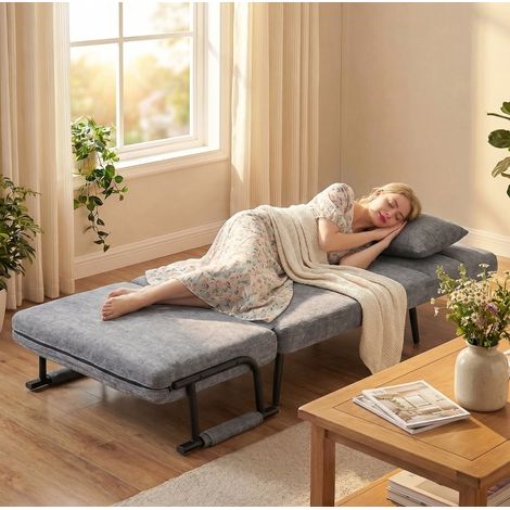 Sillón cama 3 en 1 73x67x96 cm, tela de felpa gris, 5 posiciones, ahorra espacio – MEUBLIV (1/5)