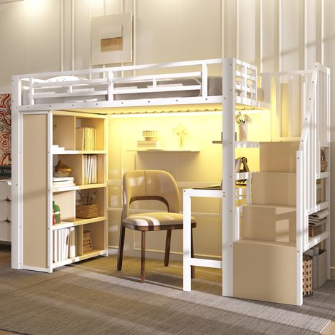 Lit mezzanine enfant en métal 90x200 cm avec bureau, étagères et LED, escalier avec rangement, blanc (1/5)