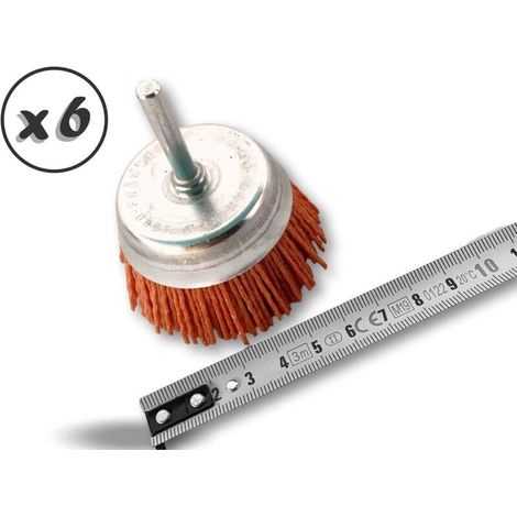 Cepillo metálico giratorio, diámetro de corte de 75 mm, paquete de 6 unidades. Vástago de 6 mm de diámetro. Cerdas de nailon abrasivas, grano 80. Para usar con taladro o destornillador con portabrocas (1/3)