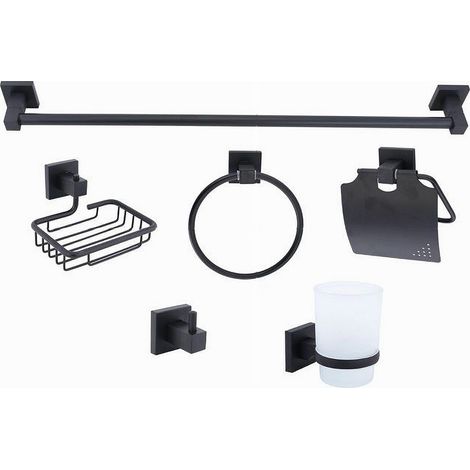 Trade Shop - Ultramodernes schwarzes 6-teiliges Badezimmerset mit Handtuchhalter, Handtuchrolle, Glas und Zahnbürsten 87261 -