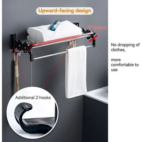 Porte-serviettes rétractable de 50 cm, porte-serviettes de salle de bain mural, aucun perage requis, pliable avec 2 crochets (1/4)