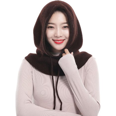 Cagoule d'hiver, masque tricoté, cagoule de ski, bonnet unisexe, capuche tricotée, écharpe, protection auditive, protection pour le cou, rembourrée pour rester au chaud, marron, 50 x 30 cm (1/5)
