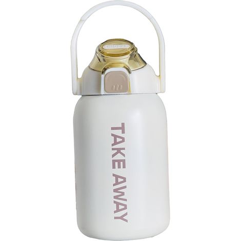 Gourde isotherme 850 ml grande capacité avec bouchon à ressort et paille, tasse thermique pour extérieur hiver beige (1/5)