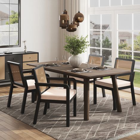 Esszimmerstuhl Ergonomisch Rattanrückenlehne Verstellbare Füße aus Velours und Gummibaumholz Schwarz 56 x 57 x 83 cm
