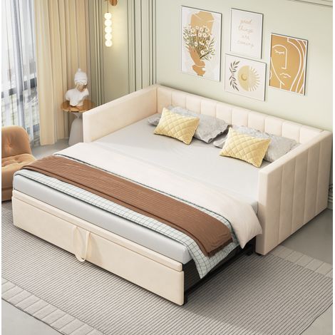 Bett Schlafsofa modern gepolstert Beige 90x200/180x200 cm aus Samt, ausziehbar mit Lattenrost und Rückenlehne (1/5)