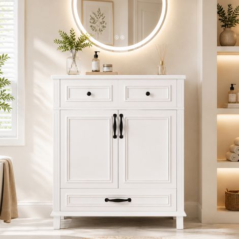 Modernluxe - Meuble de salle de bain avec vasque en céramique - 2 portes et 2 tiroirs - 9 compartiments de rangement - Blanc (1/5)