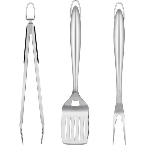 Juego de utensilios de barbacoa de acero inoxidable de 3 piezas: espátula y tenedor para carne. Un regalo para hombres. Para parrillas de gas, barbacoas y acampadas. Con mangos extensibles. (1/5)