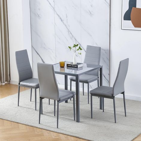 Dining Room Set, Grey Glass Dining Table with Chairs, 75x75 cm Square Glass Table and Chairs for Small Room (Table with 4 Chairs, Grey Faux Leather)