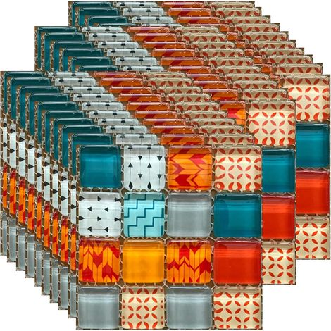 30 Pièces Stickers Carrelage pour Cuisine Salle de Bain, Étanche Auto-Adhésif Autocollant Carreau, Résistant à la Chaleur Décoratif DIY Autocollant Carreaux de Mosaïque (Motif Rouge) (1/5)
