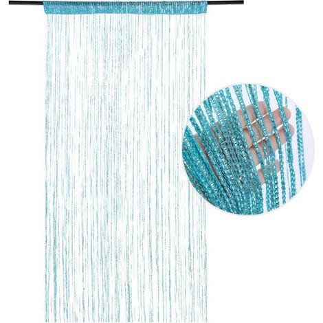 99 x 199 cm - Moustiquaire - Rideau de porte - Décoration de fenêtre - avec pompons - Rideau de penderie - Cordon de porte - Rideaux - Moustiquaire - pour porte, décoration intérieure - bleu (1/4)