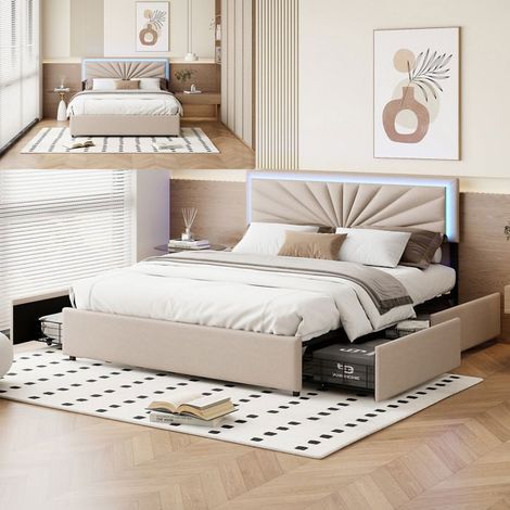 Cama 160x200 cm LED beige - cabecero ajustable, 4 cajones, somier de lamas, estructura de madera/metálica