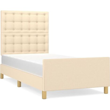 Cadre de lit (matelas non inclus), tête de lit beige, 80x200 cm, matériau en tissu. (1/5)
