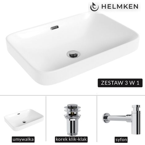 Vasque à poser Helmken 441A52000 (52 x 36) blanche avec siphon chromé et bonde clic-clac chromée (1/5)
