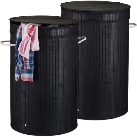 Relaxdays 2x Bamboo Laundry Baskets, Round Hamper with Folding Lid, 65 l, Foldable Bin with Ventilation, Ø 40cm, Black