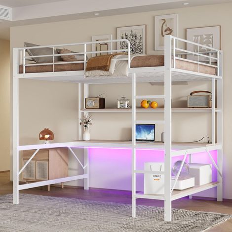 Lit mezzanine 140x200 cm avec rambarde, échelle, ports USB et prise, éclairage LED (1/5)