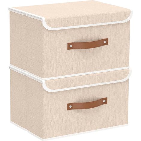 Lot de 2 Boîte de rangement, Pliable avec Couvercle, Poignées renforcées, Tissu et PP, Pour vêtements et serviettes, Chambre et Salon