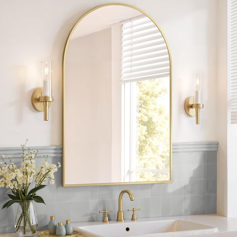 SONGMICS Specchio Bagno, Specchio da Parete, ad Arco, Cornice in Alluminio, 91 x 61 cm, Pellicola di Sicurezza, Facile da Montare, Soggiorno Camera da Letto, Oro Pallido LWM011AB01 (1/5)