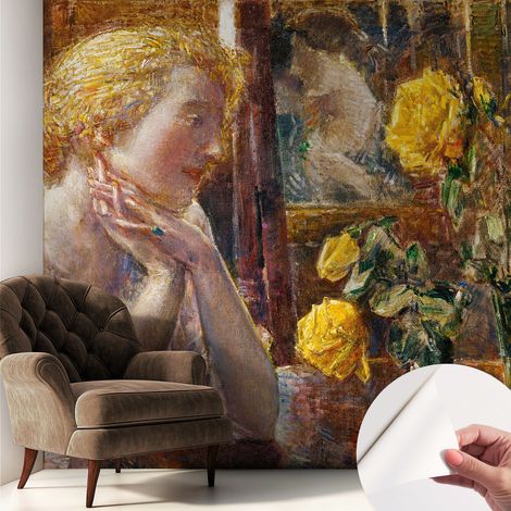 Papier peint autocollant Mural avec colle pour salon et chambre Décoration murale rapide Femme aux roses 250x250 cm (1/5)