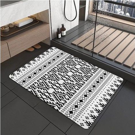 Tapis de bain bohème - Noir et blanc - Séchage rapide - 51x81 cm - Envers antidérapant - Absorbant - Terre de diatomées (1/4)